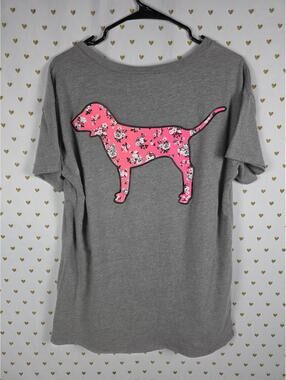 Victorias Secret PINK NEON V neck DOG LOGO Floral Tee Shirt Grey MEDIUM
